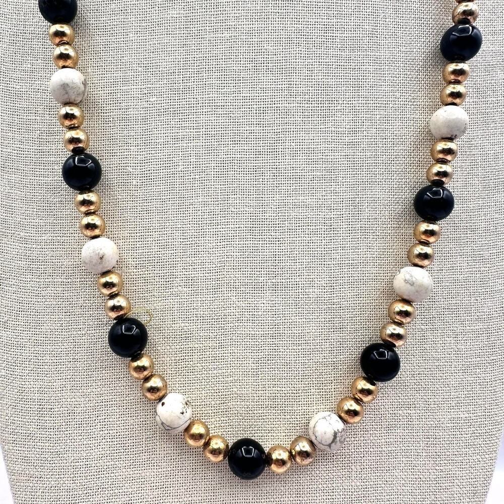 Vintage Gold Tone Beaded Necklace Black White Turquoise Color Stone Ball Strand